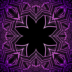 Purple mandala on black isolated background. Elegant dark simple design with empty space for text in the middle.