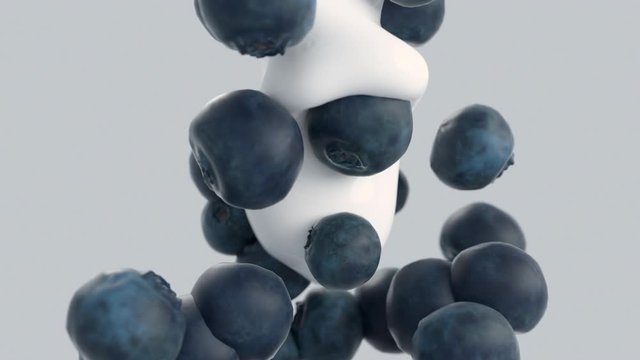 Close up 3D render animation of white yogurt pouring through fresh realistic blueberry. Nature sweet berries with liquid.