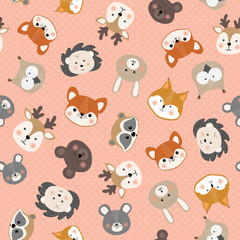 Seamless pattern cute little animals face, baby print on clothes, festive wrapper.Vector illustration