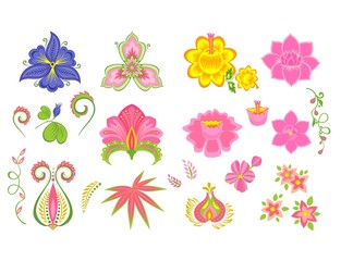 Fototapeta na wymiar Tropical abstract exotic flowers and leaves collection isolated on white background. Vector illustration