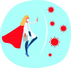 Concept virus protection. Doctor superhero help to protect against virus molecules 