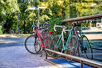 Plakat MUNICH, GERMANY - SEPTEMBER 15, 2018: Many parked bicycles in a street on sunny day in a city.