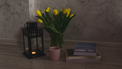 Kącik relaksacyjny - wiosenne kwiaty z dobrą książką  - obrazy, fototapety, plakaty
