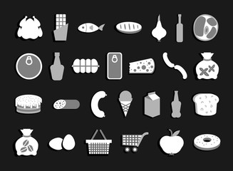 Grocery items icon set.  Vector monochrome isolated illustration.