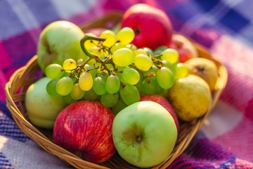 closeup of ripe fruits. apples, pears and grapes in basket