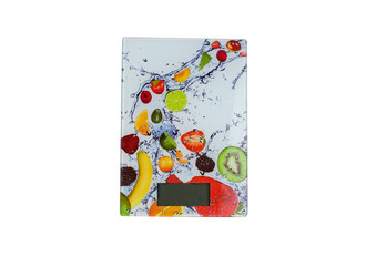Isolated digital kitchen scales with pattern fruits on a white background. Top view kitchen tool.