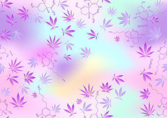 Fototapeta na wymiar Cannabis leaves and cbd, cannabidiol formula seamless pattern, background. Vector illustration in light ultra violet pastel colors on mesh pink, blue background.