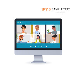 mix race friends meeting during video call Covid-19 pandemic coronavirus quarantine concept people having virtual fun live conference monitor screen copy space vector illustration