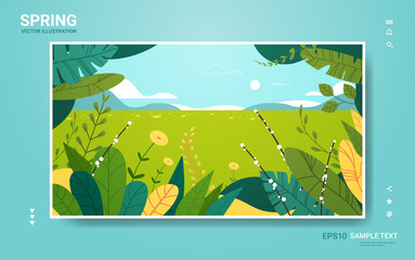 beautiful landscape with flowers and leaves floral spring poster horizontal greeting card copy space vector illustration