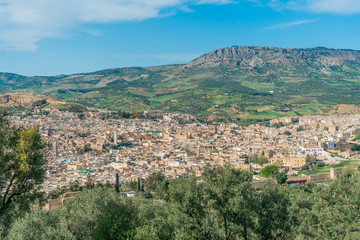 A panoramic view over the old medina of Fez from the southern tower. The mountain Zalagh in the other side.