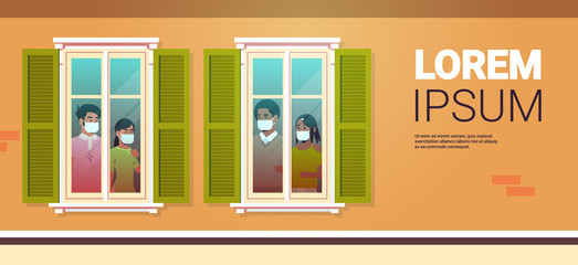 mix race people looking out of apartment stay home self-isolation coronavirus pandemic quarantine concept house facade with windows portrait horizontal copy space vector illustration