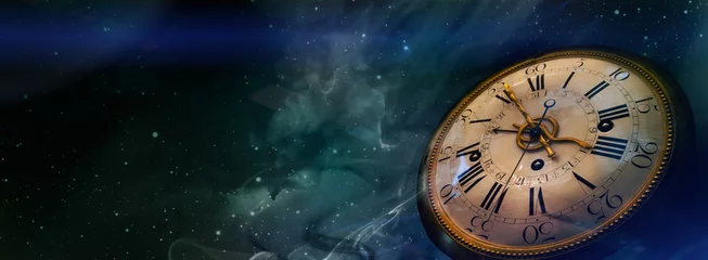 Fotobehang Clock face of the old watch on the night sky background with stars. Philosophy image of space time dimension. © hacohob