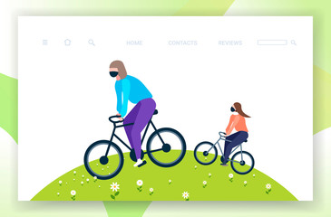 people in masks riding bicycles coronavirus pandemic quarantine protection concept women cycling outdoor landscape background full length horizontal vector illustration