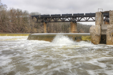 Paris, Ontario, Canada with railway bridge and train