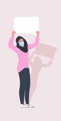 muslim woman in hijab wearing mask holding blank white board coronavirus pandemic quarantine concept full length vertical vector illustration