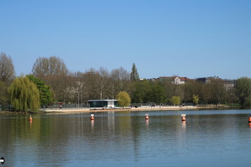 Nuremberg, Bavaria / Germany - April 12, 2020. View on the recreation area called Wördersee.