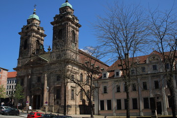 Fototapeta na wymiar Nuremberg, Bavaria / Germany - April 12, 2020. The Sankt Egidien church in baroque style from the 18th century.