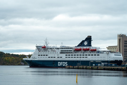 Oslo, Norway, March 8, 2020: the DFDS ferry from Oslo to Copenhagen is pier at the terminal