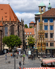 Obraz premium Nuremberg, Bavaria / Germany - May 06, 2020. View of the Hauptmarkt in Nuremberg.