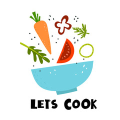 let's cook. cartoon vegetables, decor elements, hand drawing lettering. colorful vector illustration, flat style. design for print, card, cover, poster