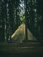 Beige tepee tent in a dark forest