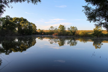 Morning rural scene. Little pond during sunrise. Trees reflects in clear water. Blue sky. Beautiful landscape.