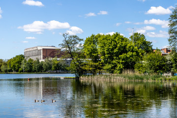 Nuremberg, Bavaria / Germany - May 06, 2020. Kongresshalle near Dutzendteich.