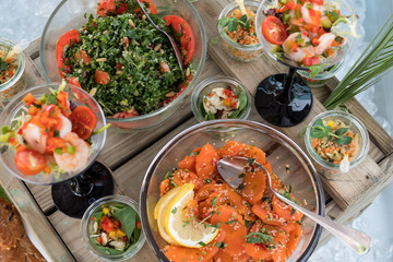 Luxury catering by the pool, food bloggers event, banquet, wedding, festive, hotel brunch buffet