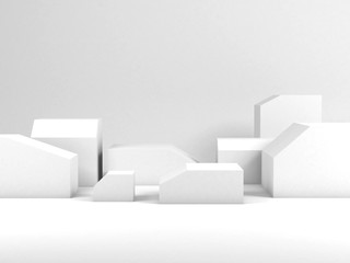 Minimal still life installation, white boxes, 3d