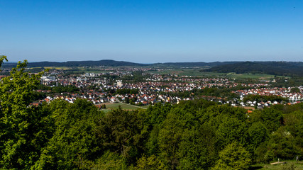 Fototapeta na wymiar Neumarkt in der Oberpfalz, Bavaria / Germany - May 06 2020. View on the city of Neumarkt in der Oberpfalz from the surrounding hill.