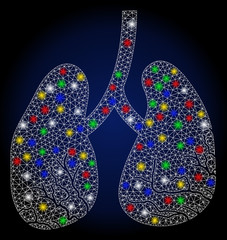 Glowing mesh lung cancer with constellation effect. Abstract illuminated vector model of lung cancer icon on a dark blue gradiented background. White wire carcass polygonal mesh lung cancer.