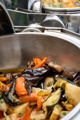 Live food stations. Kitchenware in the line catering summer brunch buffet. Corporate cocktail event