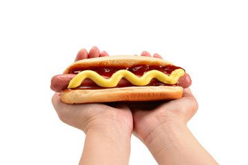 Hot dog in woman hand isolated on white background. Copy space.