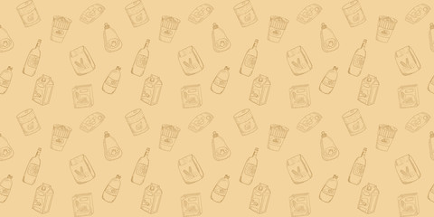 beautiful seamless pattern of grocery store items; instant noodle cup, corn flake box, can food, wine bottle, snack, tomato sauce bottle,etc. freehand sketch drawing vintage style in brown tone color.