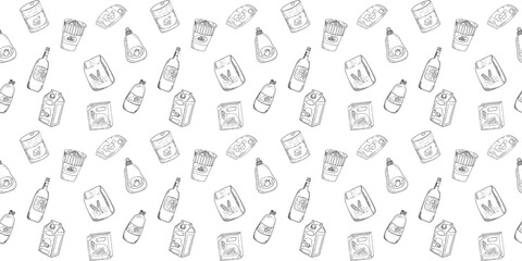 beautiful seamless pattern of grocery items; instant noodle cup, corn flake box, can food, wine bottle, snack, ect. freehand sketch drawing style in black and white color.