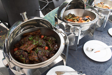 Live food stations. Kitchenware in the line catering summer brunch buffet. Corporate cocktail event