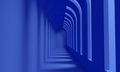 Obraz premium Blue corridor with light from the windows. Backdrop design for product promotion. 3d rendering