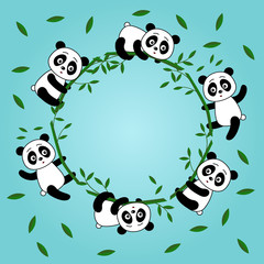 Pandas in a circle. Cute pandas on bamboo. Cartoon animals. Vector. Illustration