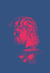 Bright red vintage engraved stencil drawing David of Michelangelo sculpture with N95 face surgical mask back side view vector illustration isolated on deep blue background