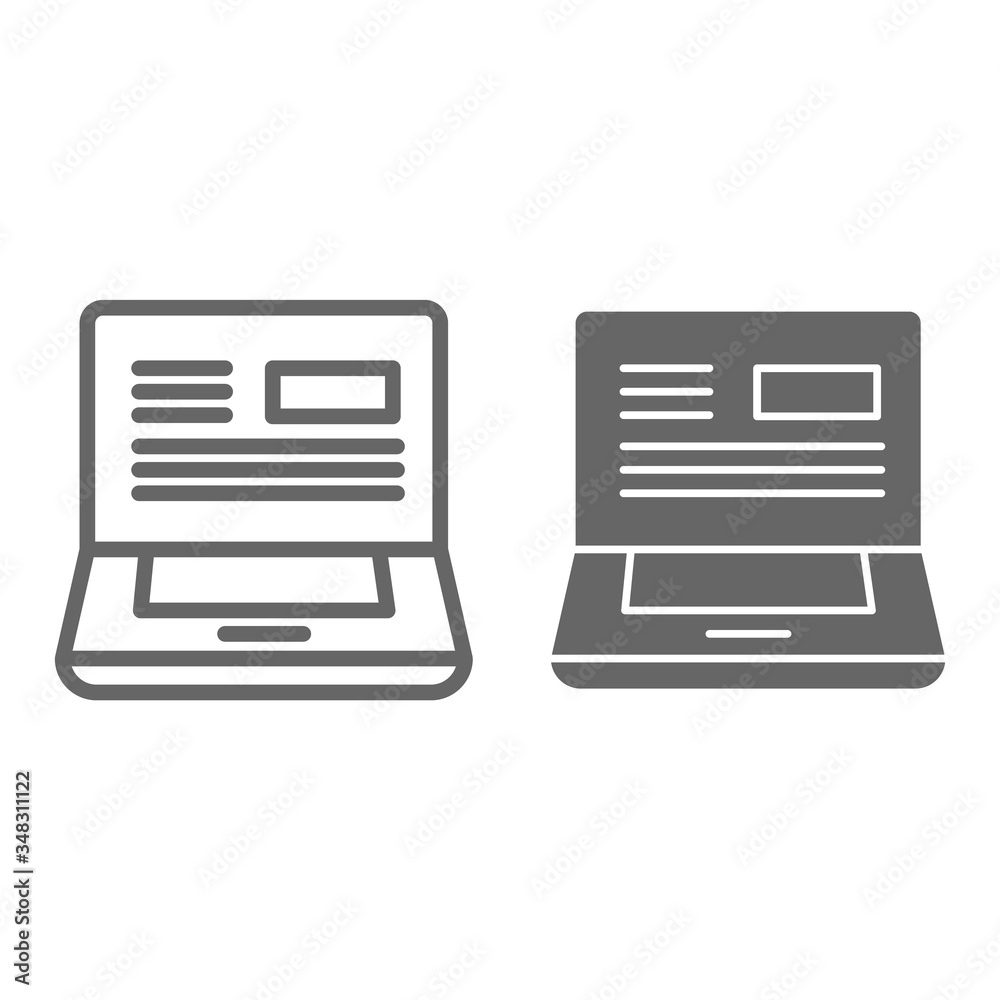 Poster message in laptop line and solid icon, delivery symbol, pc with text website vector sign on white ba