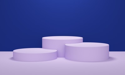 Lilac cylindrical podium of different heights on a blue background. Backdrop design for product promotion. 3d rendering