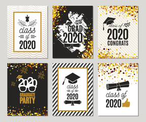 Graduation Class of 2020 greeting cards set of six templates in gold colors. Vector party invitations. Grad banners. All isolated and layered