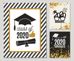 Graduation Class of 2020 three greeting cards set in gold colors. Vector grad party invitations. Grad posters. All isolated and layered