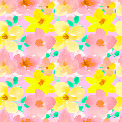 Hand-drawn watercolor pink, yellow flowers with green leaves on a pink background seamless pattern. Endless botanical ornament.