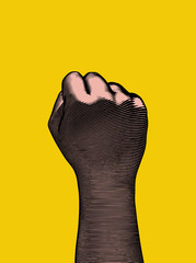 Retro engraving back human fist wrist illustration on yellow BG