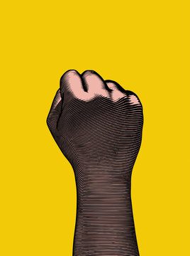 Retro engraving back human fist wrist illustration on yellow BG