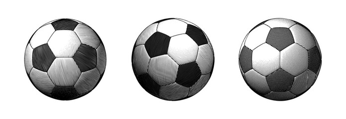 Engraving soccer ball in various view point style on white BG