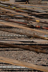 a construction site with metal scaffolding and all kinds of equipment