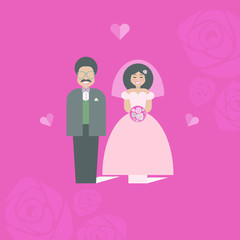 Wedding concept. Paper bride and groom. Congratulatory card just married. Retro flat cartoon style. Illustration for t shirts