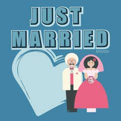 Wedding concept. Paper bride and groom. Congratulatory card just married. Retro flat cartoon style. Illustration for t shirts